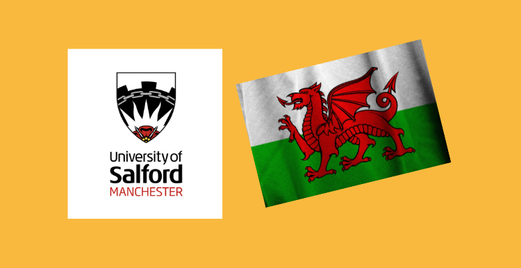 Welsh Flag and logo of University of Salford