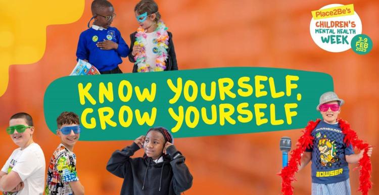 A promotional graphic for Place2Be's Children's Mental Health Week features a cartoon illustration of the Super Mario character Bowser. The text reads "Place2Be's CHILDREN'S MENTAL HEALTH WEEK 3-9 FEB 2025 KNOW YOURSELF, GROW YOURSELF." Bowser is depicted with a thoughtful expression. The Place2Be logo is also visible.